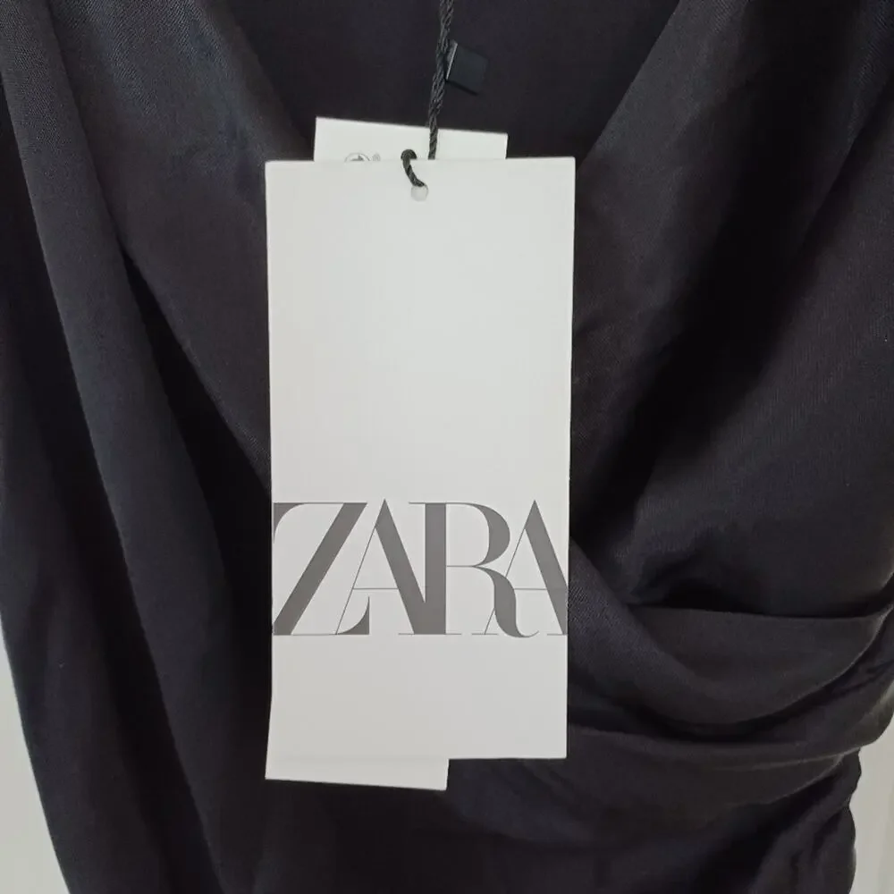 NWT Zara Ruched Side Satin Effect Midi Slip Dress Black XS